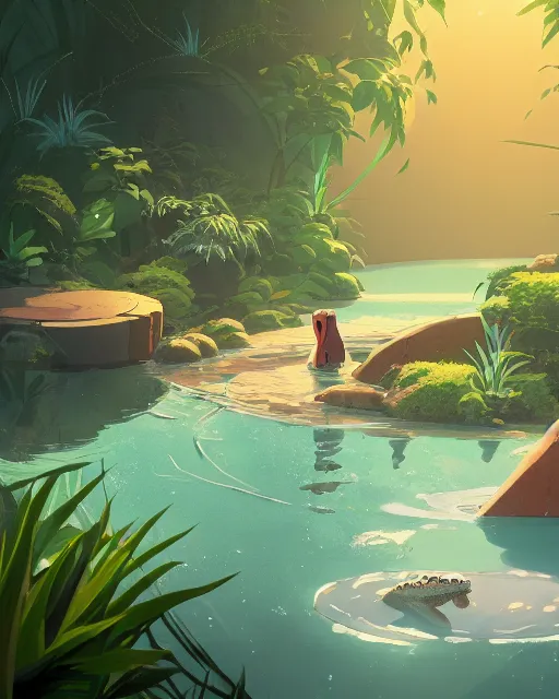 Prompt: a cute alligator taking a bath in a hot spring with lush vegetation around, cory loftis, james gilleard, atey ghailan, makoto shinkai, goro fujita, character art, rim light, exquisite lighting, clear focus, very coherent, plain background, soft painting