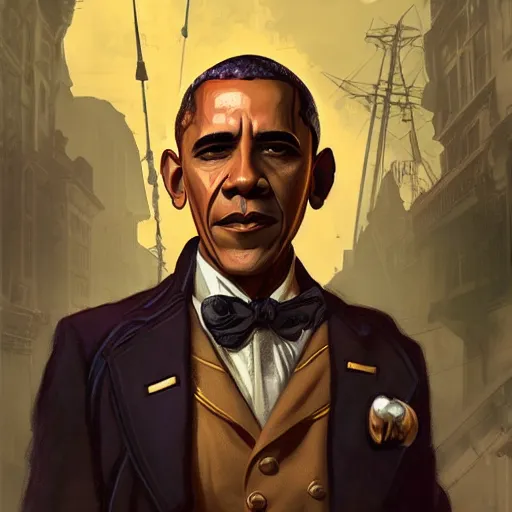 Prompt: Obama as a steampunk colonel character in Bioshock Infinite, beautiful, intricate, highly detailed, digital painting, artstation, oppressive lighting, fashion concept art, sharp focus, illustration, art by greg rutkowski and alphonse mucha