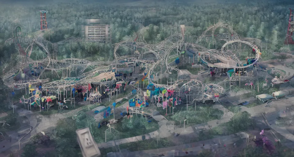 Image similar to pripyat amusement park, populated with broken lego characters. dystopian. photorealism, soft light, morning. by greg rutkowski, beeple. hyperrealism, dusty, moody, high detail, artstation, digital painting, octane render, technicolor.