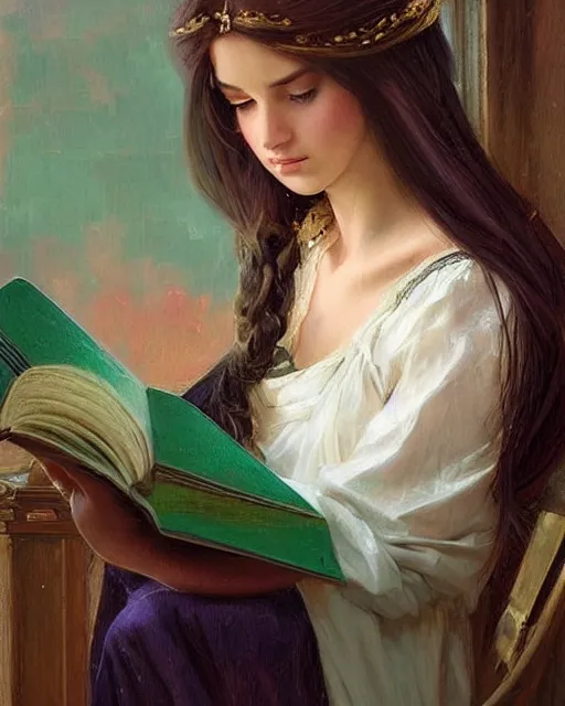 Image similar to a girl reading a book, her hair flowing down, beautiful face, oil on canvas, artstation, by j. c. leyendecker and edmund blair leighton and charlie bowater, beautiful face, octane, very aesthetic!!!!!!!!!!!!!!! stunning gorgeous green eyes