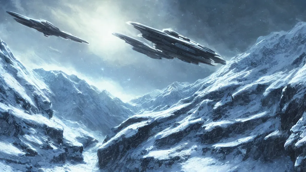 Image similar to space battleship hovering over snowy valley by eugene von guerard, ivan shishkin, dramatic lighting, concept art, trending on artstation, 8 k