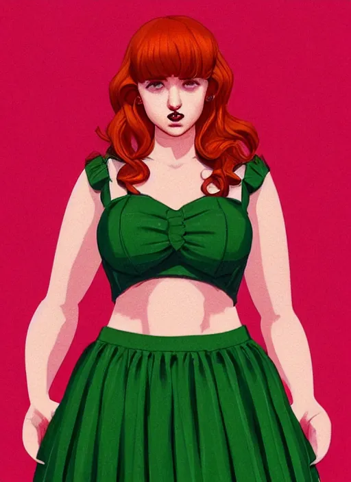 Prompt: full body portrait of teenage cheryl blossom, chubby, bangs, green eyes, sultry expression, red hair, sultry smirk, bangs and wavy hair, pink skirt, fat, intricate, elegant, glowing lights, highly detailed, digital painting, artstation, concept art, smooth, sharp focus, illustration, art by wlop, mars ravelo and greg rutkowski