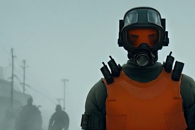 Image similar to vfx movie closeup real life gordon freeman holding wearing futuristic armor, half life logo on chest, crowbar in russian train yard swat team in gas masks approaching by emmanuel lubezki