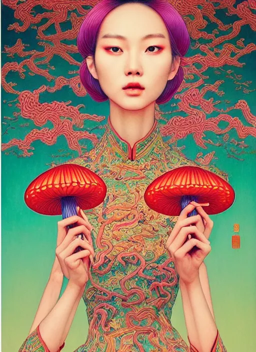 Image similar to pretty chinese model with hallucination mushroom : : by martine johanna and simon stalenhag and chie yoshii and casey weldon and wlop : : ornate, dynamic, particulate, rich colors, intricate, elegant, highly detailed, vogue, harper's bazaar art, fashion magazine, smooth, sharp focus,