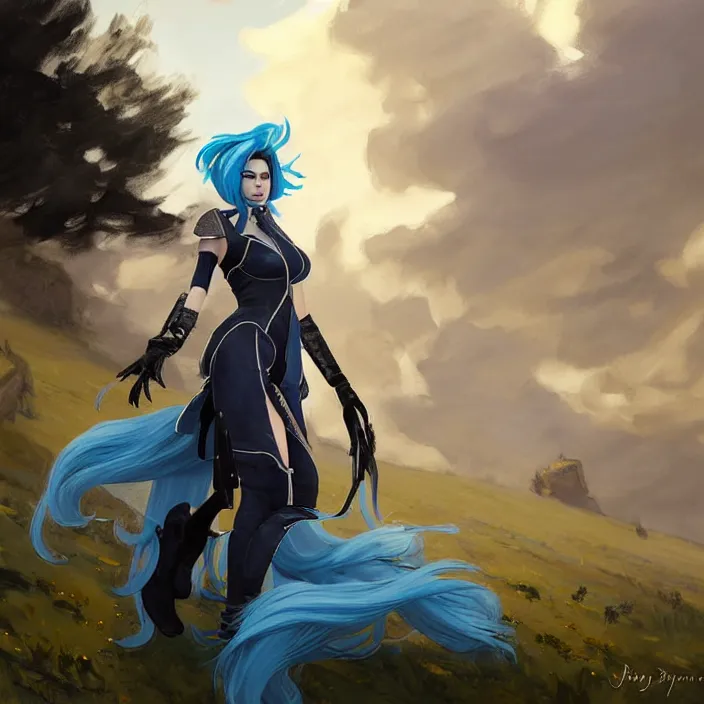 Image similar to portrait of a combination of Ashley Greene, Adriana Dxim, Grace Kelly and Lily Collins with blue hair wearing Warframe armor, countryside, calm, fantasy character portrait, dynamic pose, above view, sunny day, thunder clouds in the sky, artwork by Jeremy Lipkin and Giuseppe Dangelico Pino and Michael Garmash and Rob Rey and Greg Manchess and Huang Guangjian and Makoto Shinkai, very coherent asymmetrical artwork, sharp edges, perfect face, simple form, 100mm