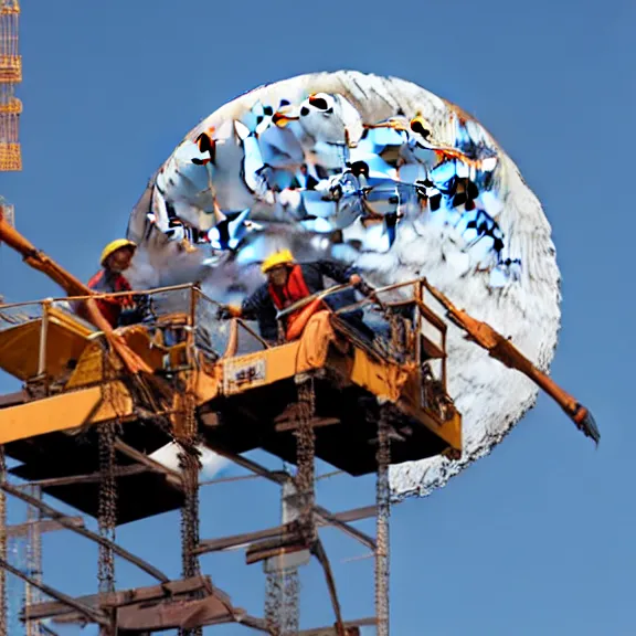 Image similar to two construction workers removing the moon from the sky