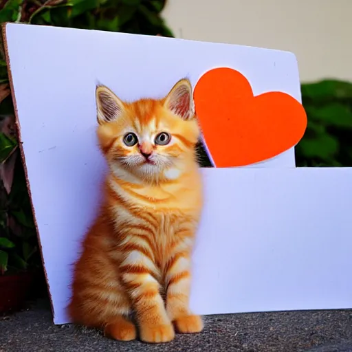 Image similar to cute fluffy orange tabby kitten with a sign that says