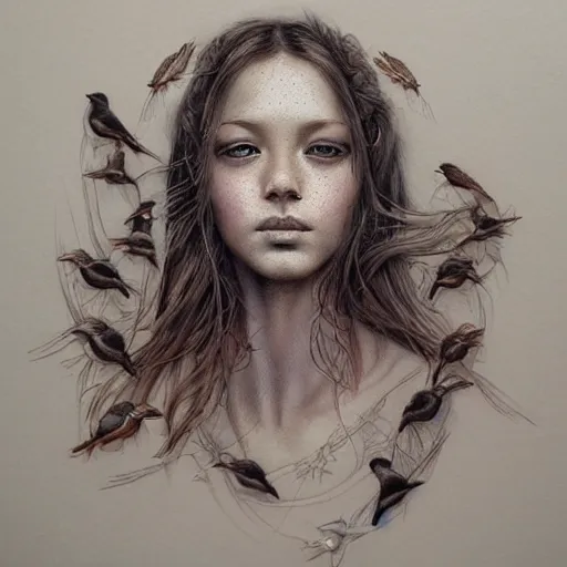 Image similar to an intricate detailed women portrait with birds by marco mazzoni