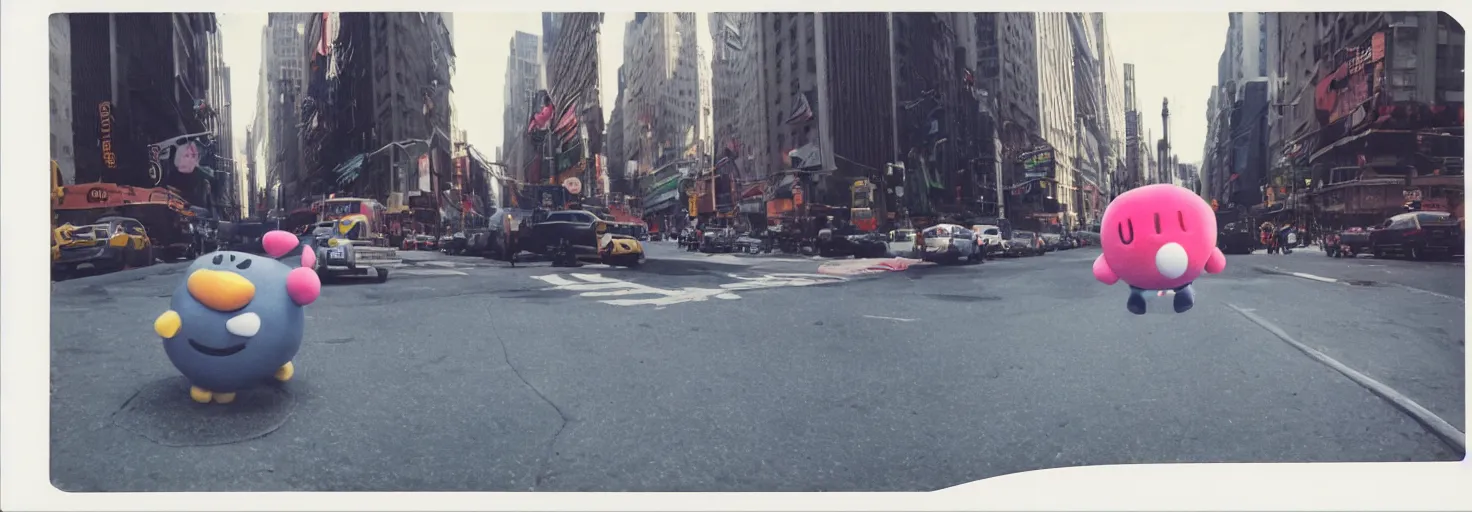 Image similar to Polaroid Photo of Kirby from super smash bros on the street in New York City