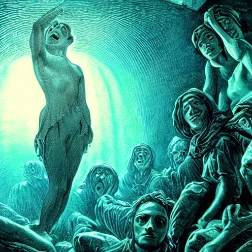 Prompt: an eternal self portrait by the artist gustav dore, in distinct hyper detailed style with cuboids neatly curving around the group, and inflated bodies filled with light blue and turquoise crystal tetrahedra, perfect bright studio lighting against a backdrop of a still from the movie : dont breathe underwater.