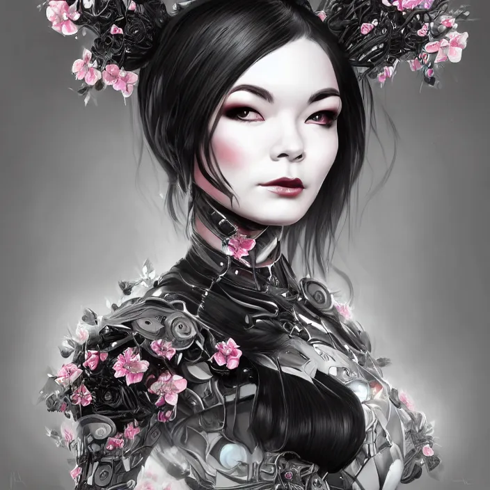 Image similar to a photograpic portrait of a anthropomorphic bjork cherry - blossom wearing futuristic black cyber outfit, fantasy, intricate, elegant, highly detailed, digital painting, artstation, concept art, smooth, sharp focus, illustration, art by artgerm