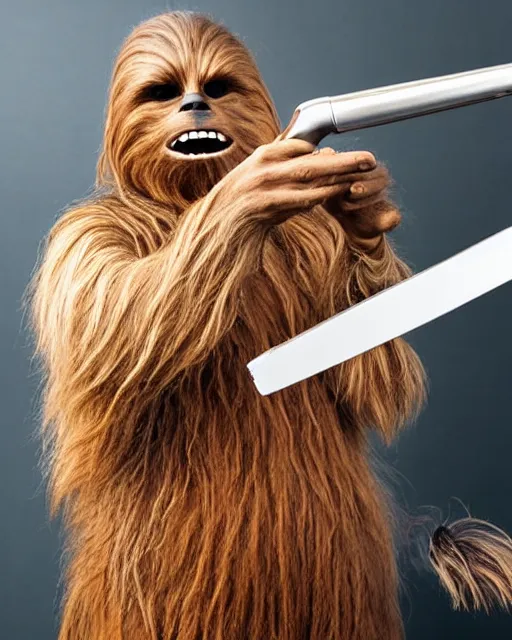 Prompt: Chewbacca shaving his face with a straight razor in front of a mirror