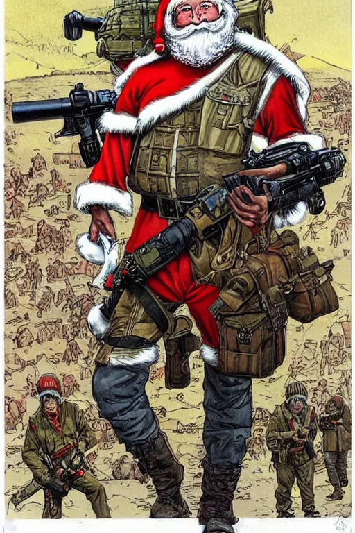 Image similar to concept of Santa Claus holding a M61 Vulcan and wearing an army harness vest full of pouches, by Geof Darrow and Simon Bisley, detailed, full body