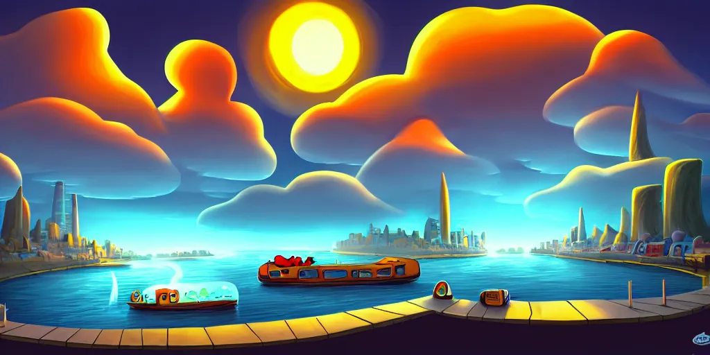 Image similar to nightscape chubby cartoon concept art, wall with drain on the edge of the river, spiral clouds, sam and max, liquid smoke, catamarans