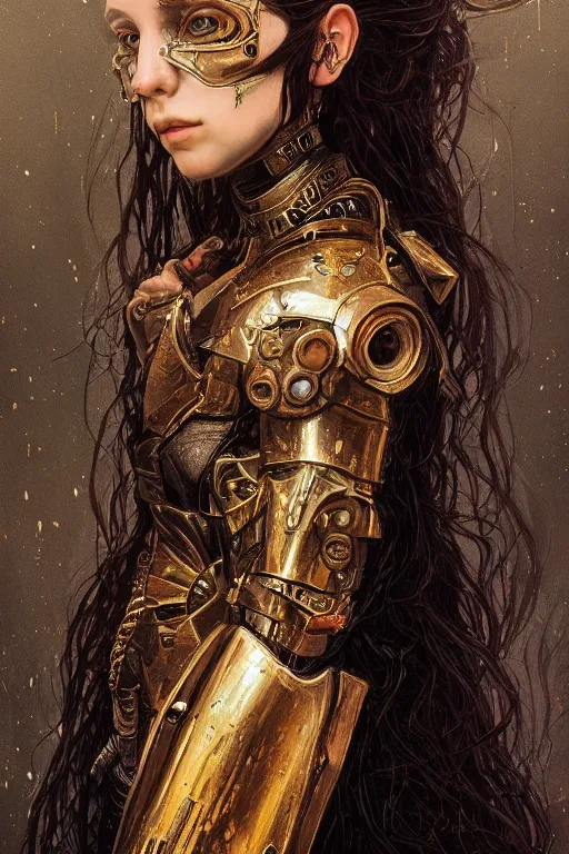 Image similar to portrait of beautiful young gothic sister of battle, cyberpunk, Warhammer, highly detailed, artstation, illustration, art by Gustav Klimt