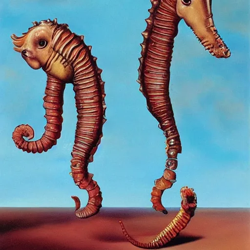 Prompt: A pair of long-snouted seahorses and a floating egg, oil painting by Salvador Dali.