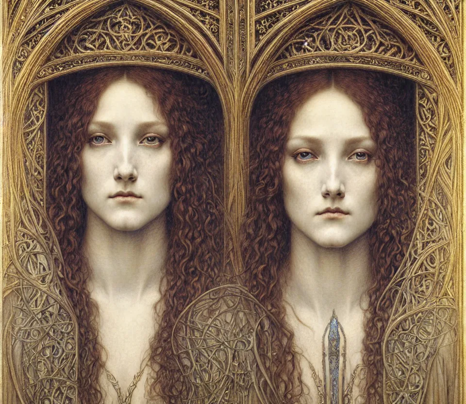 Image similar to detailed realistic beautiful young medieval queen face portrait by jean delville, gustave dore and marco mazzoni, art nouveau, symbolist, visionary, gothic, pre - raphaelite. horizontal symmetry