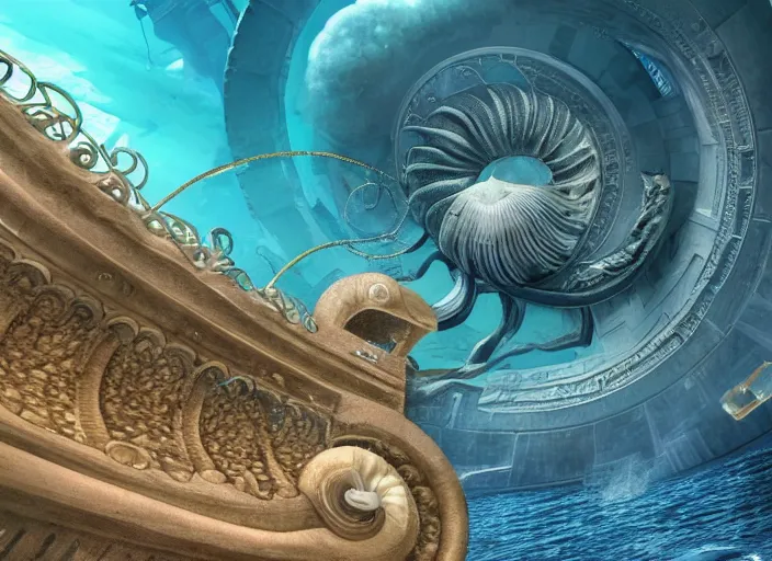 Prompt: highly detailed rendering of the nautilus entering atlantis, side view, portholes, fantastic city gate, ornate, jellyfish, cinematic, 8 k, hd,