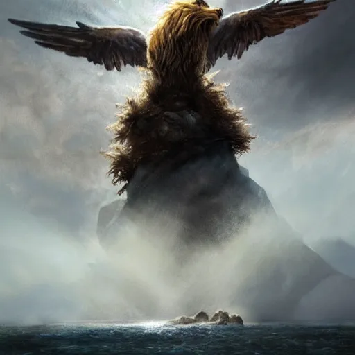 Prompt: A giant lion creature with wings rising up out of a turbulent sea near a rocky shore, body and head of lion, wings of eagle, by Craig Mullins, very detailed, realistic, epic concept art, light, light Rays, cinematic stormy sky, trending on artstation, epic cinematography, epic composition