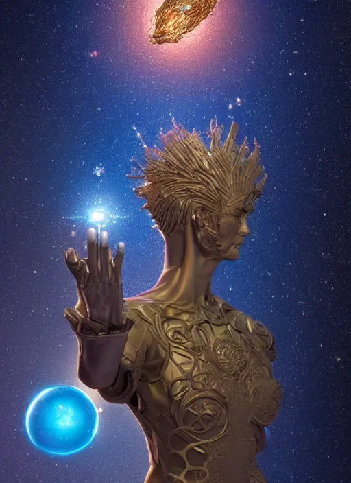 Image similar to high intricate 3 d cg of the sandman holding a glimmering galaxy, full shot, neil gaiman, maria panfilova, andrea savchenko, mike kime, ludovic plouffe, qi sheng luo, oliver cook, julian calle, eddie mendoza, trending on artstation