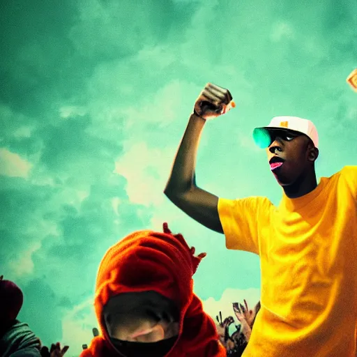 Image similar to cinematic shot epic portrait tyler the creator kicking his fans on stage, hyper realistic, mood lighting, fantasy, detailed face, highly detailed, super realistic, perfect lighting pixel sorting