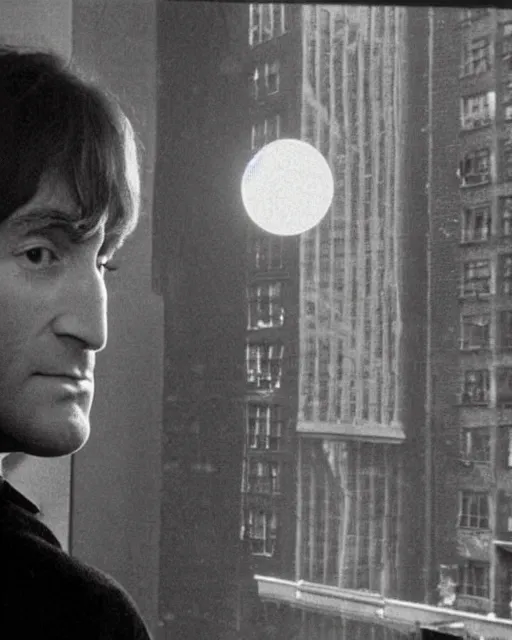 Image similar to john lennon looking out his nyc apartment window to see a ufo slowly flying by, the ufo is a round object, black or grey in the middle with blinking white lights wrapped around it and a red light on top. photorealistic, hyperreal, in the style of the x - files,