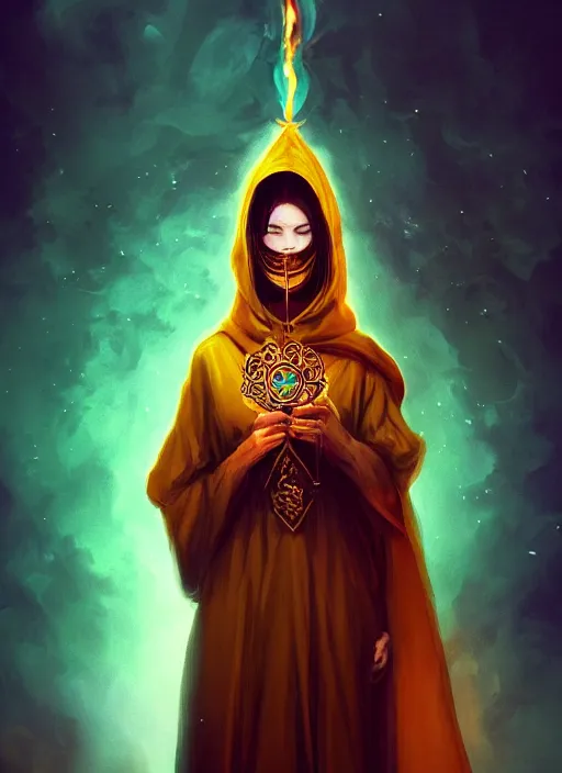 Image similar to ( a priestess with a hood that covers half her face carries an incense burner that emits a pleasantly colored flame. ) by anato finnstark, dream, full body portrait, dynamic lighting, beautiful, trending on artstation, wallpaper, 4 k, award winning, digital art, very detailed faces