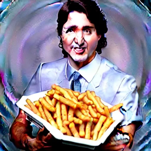 Image similar to Justin Trudeau holding authentic quebec poutine for a 1990s sitcom tv show, Studio Photograph, portrait