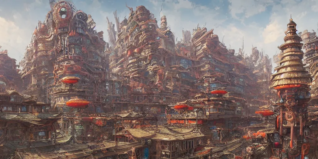 Image similar to a Chinese steampunk city, art by James Jean and Wayne Barlowe, ultra wide angle, trending on artstation