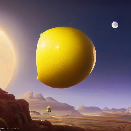 Image similar to a planet in the shape of a lemon, illustration by tyler edlin and greg rutkowski, detailed, sharp, masterpiece, highly detailed, photorealistic, octane render, 8 k, unreal engine 5, trending on artstation