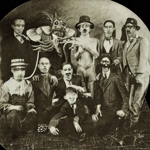 Image similar to historic photo, epic image of a Lovecraft circus with otherworldly beasts