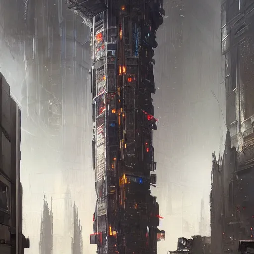 Image similar to highly detailed concept art of monumental huge tower in the cyberpunk city center trending on Artstation by Daniel Dociu and Greg Rutkowski, high quality, nomadic urbanism, sci-fi, futuristic, architecture