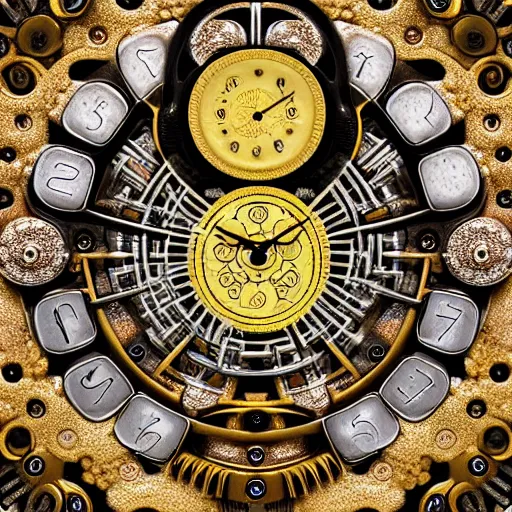 Image similar to a close up of a clock with many gears, a flemish baroque by takashi murakami, behance, kinetic art, steampunk, skeuomorphic, made of liquid metal a microscopic photo by ernst haeckel, zbrush central, kinetic pointillism, intricate patterns, photoillustration