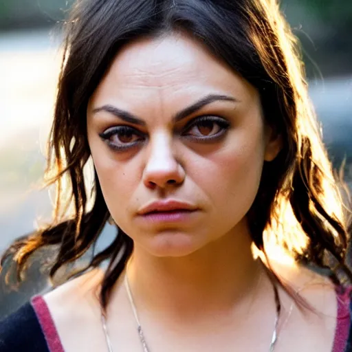 Image similar to Mila Kunis in an indie slasher movie, movie still, XF IQ4, f/1.4, ISO 200, 1/160s, 8K, RAW, unedited, symmetrical balance, in-frame, sharpened