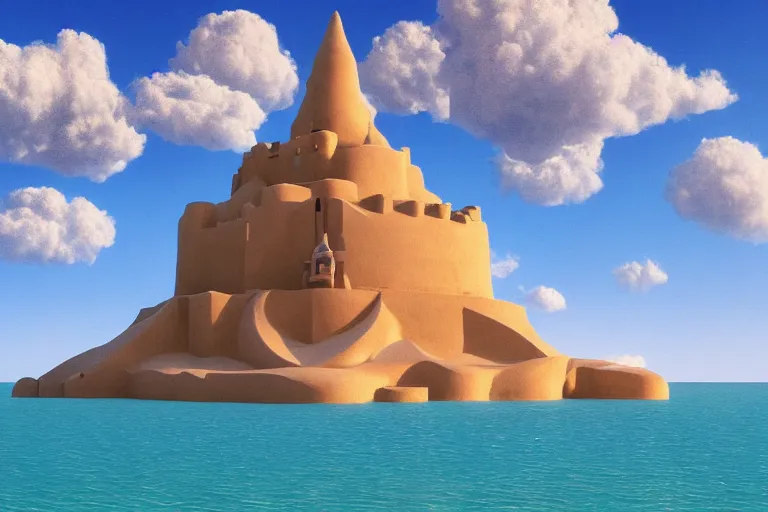 Image similar to a giant sand castle on a california beach, fluffy clouds, blue sky by magritte and beeple, digital painting, hyper detailed, masterpiece 4 k