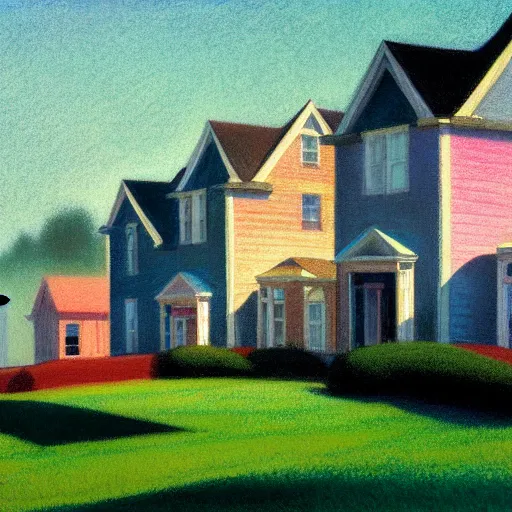 Image similar to suburban american neighborhood on early morning with mist over the houses, painting by edward hopper, illustration, 4k, high quality, 1980, pastel colors, film grain,