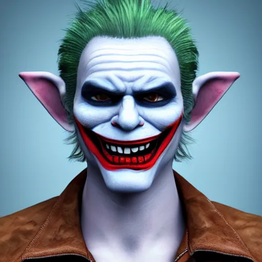 Prompt: 3 d render of a photorealistic human troll face with joker makeup wearing a suede leather jacket blue jeans, 8 k, very detailed, very intricate, white background,