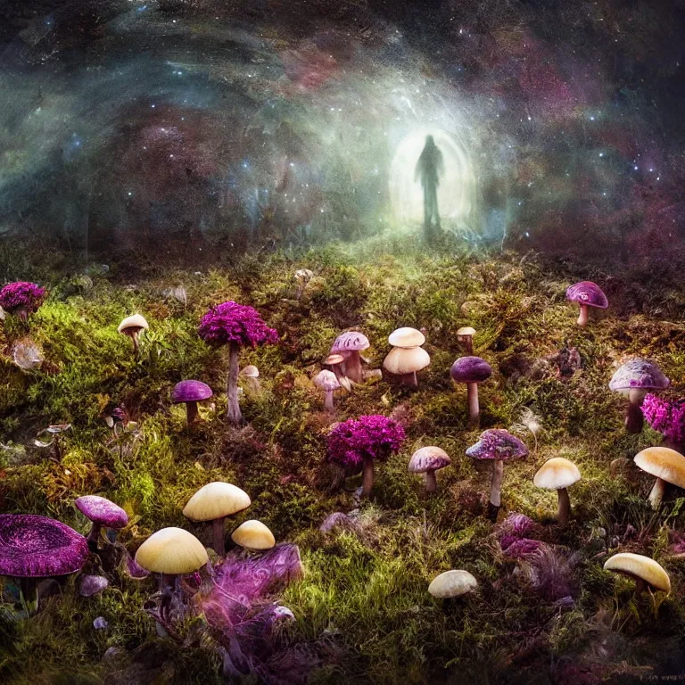 Image similar to a planet of various fungus, mushrooms, flowers and plants, inside the picture is infinity, Atmospheric, artistic photography, conceptual, long exposure outside the city, volumetric light