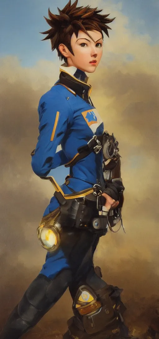 Image similar to oil painting of tracer overwatch in a field wearing blue uniform and black spiked collar, in style of ivan aivazovsky, expressive face, detailed face, detailed eyes, full body, feminine face, tracer overwatch,