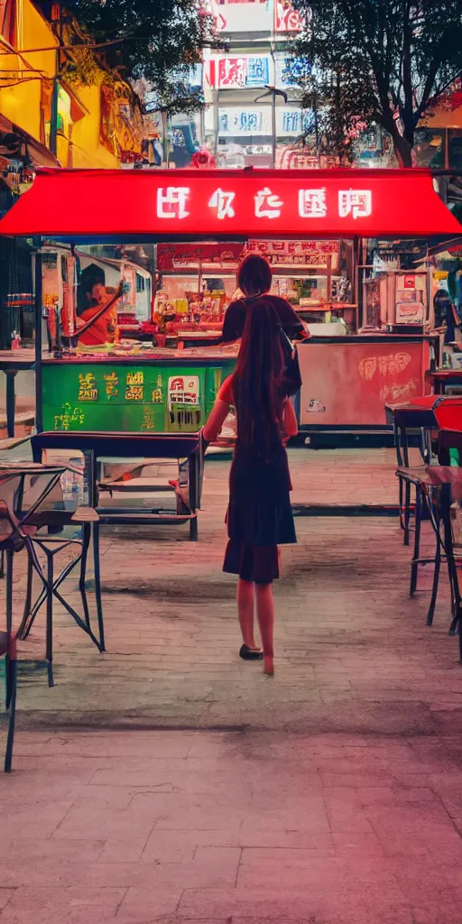 Prompt: movie still of a school girl at an outdoor noodle stand, hyper realism, rack focus, close establishing shot, empty street, monochromatic, red neon, soft dramatic lighting, 4 k digital camera