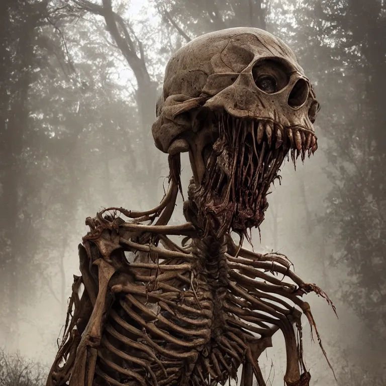 Image similar to octane render portrait by wayne barlow and carlo crivelli and glenn fabry, a freakish skeleton monster regenerating new flesh over itself, inside a suburban forest, volumetric fog and mist, light beams, cinema 4 d, ray traced lighting, very short depth of field, bokeh