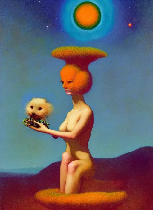 Image similar to the cosmic ferret queen bestows the earth with life, Edward Hopper and James Gilleard, Zdzislaw Beksinski, Mark Ryden, Wolfgang Lettl highly detailed, hints of Yayoi Kasuma, Odilon Redon. Drexler