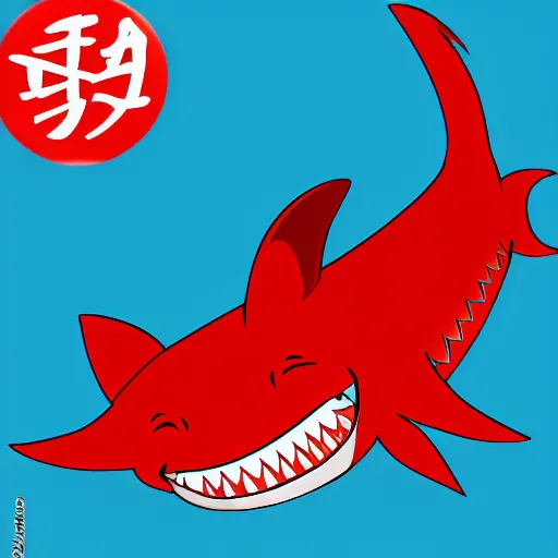 Image similar to red cartoon shark wielding a red samurai sword