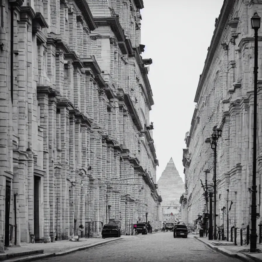 Prompt: a classical street with huge neoclassical pyramid, by etienne - louis boullee, leica sl 2 5 0 mm, heavy grain, high quality, high detailed