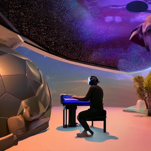 Image similar to a hyperrealistic 3D octane render of an elephant wearing oculus rift VR headset and playing a keyboard inside of a dome planetarium, 8k, unreal engine, dramatic lighting, volumetric lighting, uplighting, ray tracing, photorealistic,