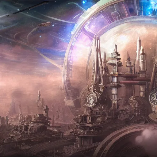 Image similar to futuristic steam punk citadel in space, 1 9 2 0 ’ s colored pencil, highly detailed, highly accurate, abstract art, deep aesthetic, 8 k, highly ornate intricate details, cinematic lighting, rich colors, ray tracing, hyperrealistic, photorealistic, cinematic landscape, trending on artstation,