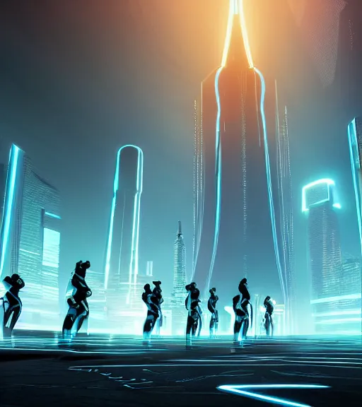 Image similar to tron legacy crowded race to the tower of babylon at night, hyper realistic, ambient lighting, concept art, intricate, hyper detailed, trakovsky greatest scene, smooth, dynamic volumetric lighting, octane, raytrace, cinematic, high quality, high resolution, 4 k, cgsociety, rutkowski, gurney