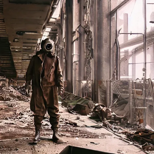Prompt: film still of a man wearing post apocalyptic clothes and a gas mask inside a rusty factory, low angle dramatic