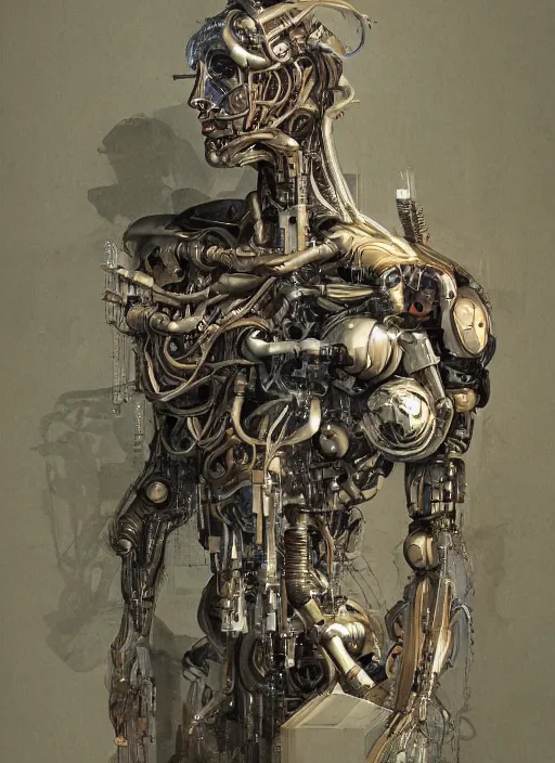 Image similar to hyper - detailed fine painting of a humanoid cyborg half cybernetic and half made of plants and wood, concept art magical highlight