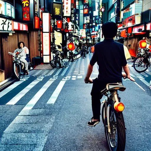 Image similar to a dragon riding a bike in the streets of tokyo